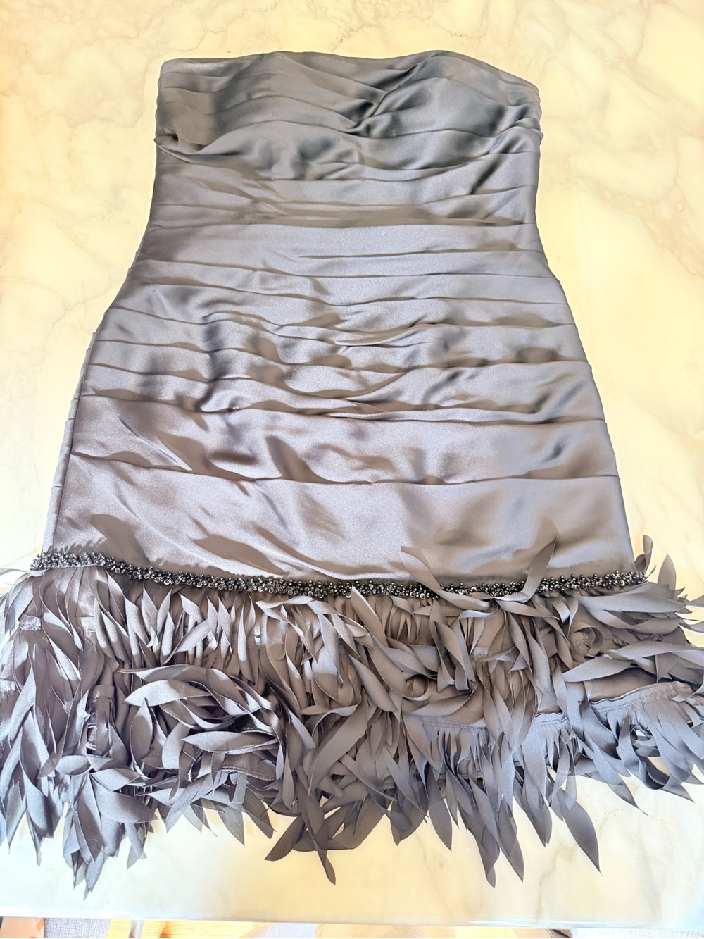 JS Collections Strapless Feather-Trim Satin Dress in black